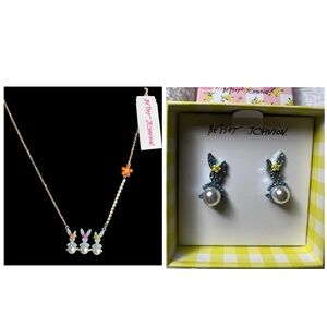 BETSEY JOHNSON SET Easter Bunny Rabbit Pearl & Crystals Necklace & Earrings NWT
